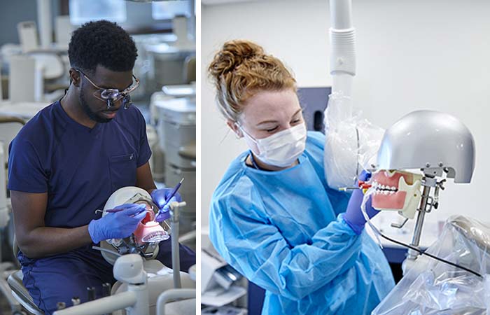 Students at the LMU College of Dental Medicine training on equipment