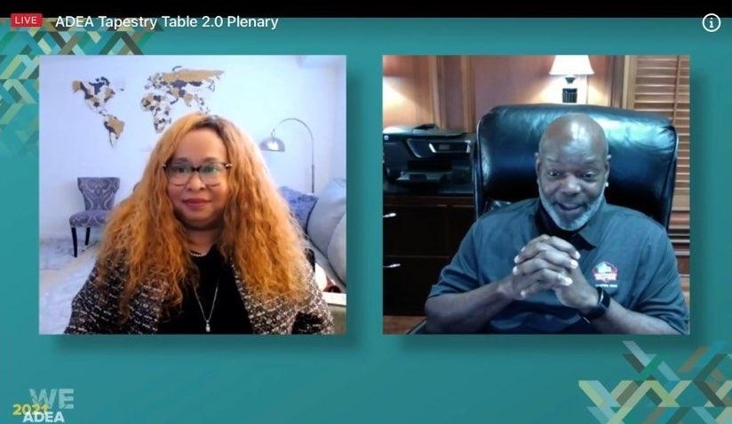 In the    virtual session, Dr. Sonya G. Smith (left) is interviewing Emmitt Smith (right)